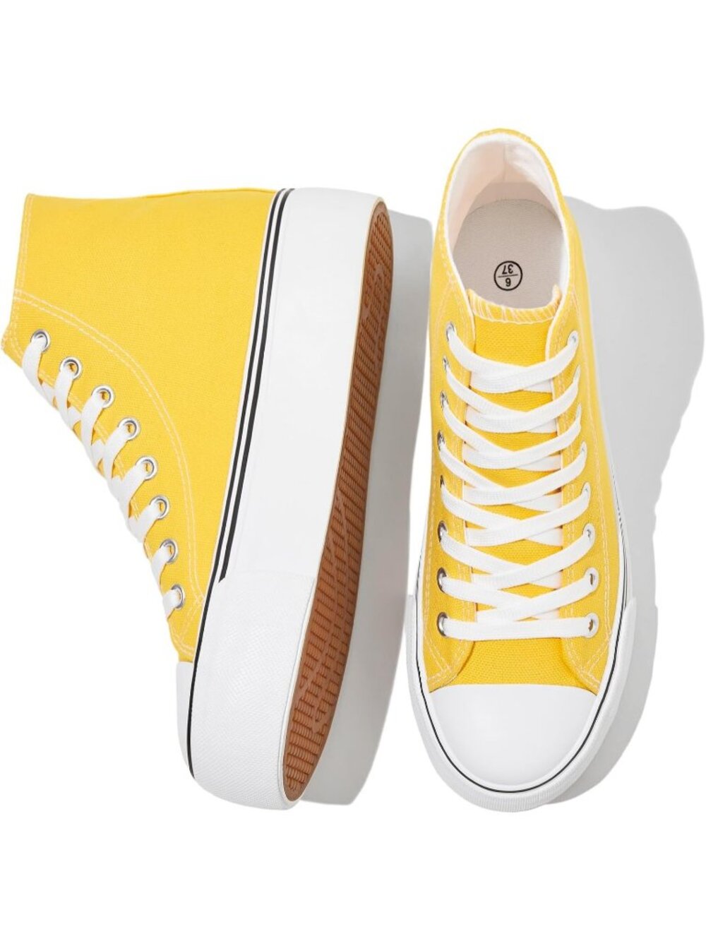Women's Yellow Casual Canvas Shoes Lace Up Platform Heel High Toe Sneakers